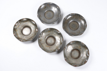 煎茶道具 唐物錫 古錫 沈存周 竹居 人物漢詩彫茶托 蓮葉茶托 計五客