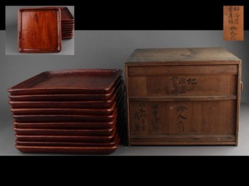 茶懐石道具 讃岐彫 松溜塗会席膳 十客 四方盆 四方膳 角盆 角膳 くり抜き 共箱 as06