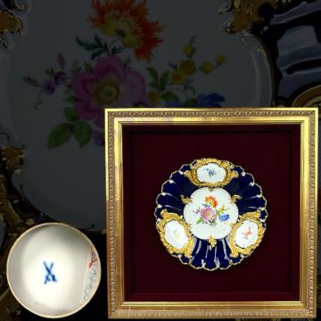 西洋美術 Meissen マイセン 金彩 プレート 額皿 総手描き フラワーブーケ飾皿 額装 MEISSEN 美品 皿 箱付 オールドマイセン