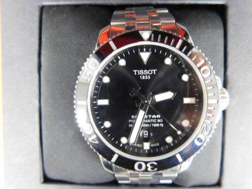 稼働 TISSOT ティソ シースター T120407A 1853 SEASTAR POWERMATIC 80 デイト 黒文字盤 腕時計 コマ 箱付 激安1円スタート 