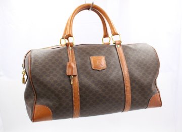 【ト静】★ CELINE セリーヌ マカダム柄 ボストンバッグ ハンドバッグ PVC レザー ブラウン系 鍵付 中古現状販売 UB230GCG54