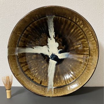 大作44cm【濱田庄司】浜田庄司 造 飴釉白十字掛盛鉢大鉢 大皿 人間国宝 共箱 本物保証