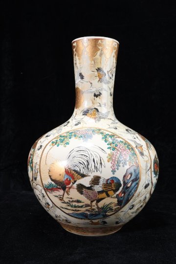 【珍品堂】1円から 薩摩焼 京薩摩 清明作 天球瓶 群鶴飛舞 金彩色絵 花瓶 飾り壺 時代物 古美術 骨董品 H40cm AD34A