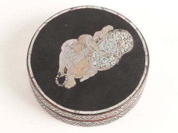 【流】時代漆器 螺鈿細工 人物丸形香合 箱付 DK650