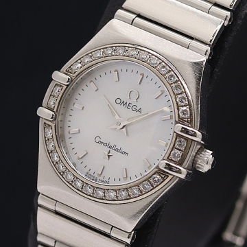 1円 稼働 良品 オメガ コンステレーションミニ ベゼルダイヤ 1466.71 58070869 QZ シェル文字盤 レディース腕時計 4079900 2KHT KMT