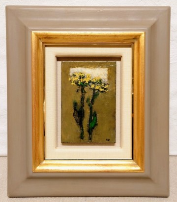 真作保証 栗原一郎「菜の花」油彩 ミニアチュール 百貨店取扱作 2000年 独自の世界観 堅牢マチエール 逸品 立軌会同人 師：小貫政之助 差箱