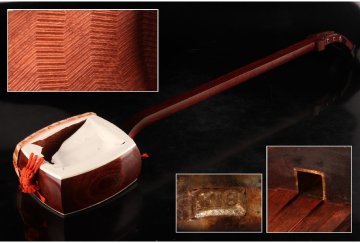 [URA]K18刻印/子持ち綾杉胴金細細棹三味線/ケース付/4-2-95　(検索)骨董/和楽器/弦楽器/三線/義太夫