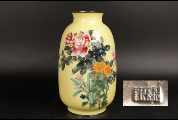 [URA]銀製刻印有/七宝花画花瓶/高さ30.3cm/重さ2070g/10-2-144　(検索)骨董/七宝焼/壷/蓋物/花瓶/花器/花生/花入/唐物/古玩/銅製