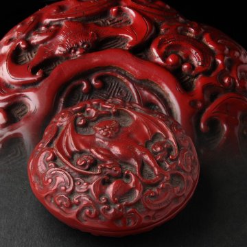 FE360 明時代 堆朱 霊芝蝙蝠文 香合 幅6.6cm 木箱・剔紅靈芝蝠圖香盒・堆朱合子 中国古玩 中国古美術 漆工芸 漆器