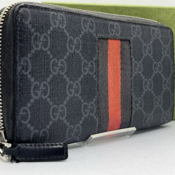 美品■ GUCCI グッチ 長財布 メンズ ビジネス ラウンドファスナー シェリーライン GGスプリーム PVC レザー 本革 ブラック 黒 小銭入れ