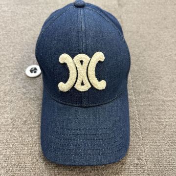 16『極美品・現行タグ』 CELINE セリーヌ トリオンフ ビッグロゴ 刺繍 デニム ベースボールキャップ キャップ 帽子 インディゴ 鑑定済み