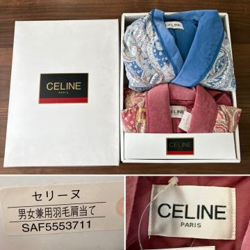 ☆未使用☆CELINE セリーヌ☆男女兼用羽毛肩当て☆ピンク/ブルー☆2点セット☆日本製☆ペイズリー柄☆ダウン80%/フェザー20%