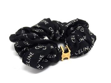 1円 ■美品■ CELINE セリーヌ マカダム レイユール シルク100% シュシュ ヘアゴム ヘアアクセサリー ブラック系&times;ホワイト系 FX2931