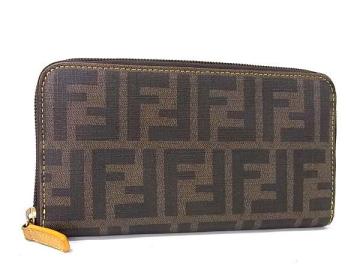 1円 ■美品■ FENDI フェンディ ズッカ柄 PVC ラウンドファスナー 長財布 ウォレット 小銭入れ 札入れ ブラウン系&times;ブラック系 BR1802