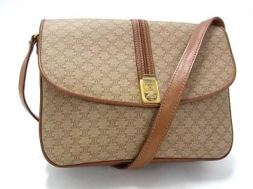 1円 CELINE セリーヌ ヴィンテージ マカダム柄 PVC ショルダーバッグ 斜め掛け 肩掛け メンズ レディース ブラウン系 BN8087