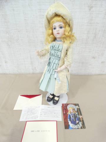 34903-02(S)◎女の子人形/西洋人形 古関くに子 作 ビスクドール ブリュ・ジュン 約46cm スタンド付き シュヴロボディ/木彫り足 ＠100(1)
