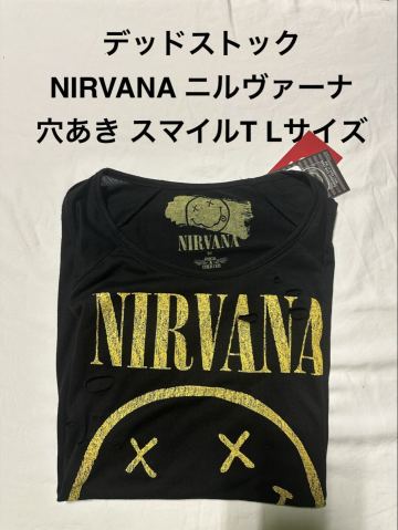 デッドストック R.P.T. &times; NIRVANA ニルヴァーナ バンドTシャツ カートコバーン ロックバンド L 黒 コピーライト 穴あき スマイルTシャツ