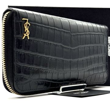 最高峰品◆SAINT LAURENT サンローラン タイニーカサンドラ クロコ型押し ラウンドファスナー 長財布 ロングウォレット ブラック 黒 メンズ