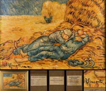 【模写】フィンセント・ヴァン・ゴッホ　油彩　手描き『La sieste』表サイン　ギャラリー＆ミュージアムシール　P6号　額装/b924　