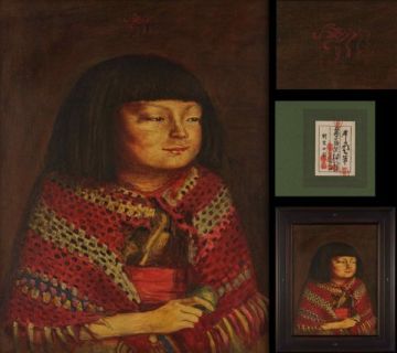 【模写】岸田劉生　油彩　手描き『麗子微笑』表サイン　鑑定証　F6号　額装/b926　