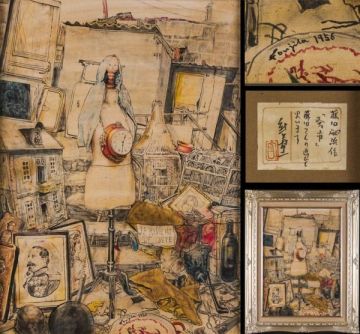 【模写】藤田嗣治　油彩　手描き『蚤市』表サイン　熊谷守一鑑定シール　P8号　額装/b932　