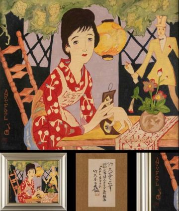 【模写】竹久夢二　油彩　手描き『エイプリールフール』表サイン(印譜)　竹久不二彦鑑定シール　F8号　額装/b934　