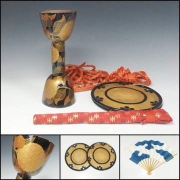 【260227-7】江戸時代 紫陽花金蒔絵鼓胴 鼓皮付 扇子・箱付 小鼓 日本打楽器和楽器能