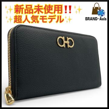 ★Y【新品未使用】フェラガモ Ferragamo 長財布 ダブルガンチーニ ラウンドジップウォレット ブラック メンズ レディース★