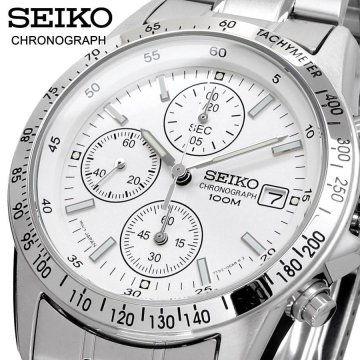 1円 セイコー 正規品 ３年保証 海外モデル SEIKO 逆輸入 ホワイトシルバー 新品　1/20秒 クロノグラフ 腕時計 純正箱付き