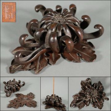【UAK】 金工美術 古銅 銅製 菊花 菊 花 香立 香立て / 葉形 皿 葉皿 / 在銘 / 香道具 香炉 香爐 時代物 骨董品 古美術品