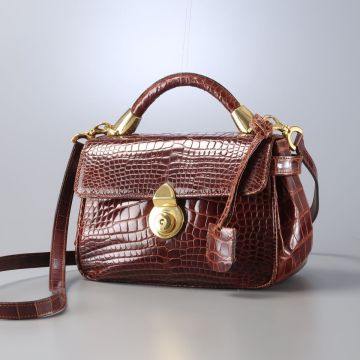 MI5778▲イタリア製 LORENZ ロレンツィ シャイニング クロコダイルレザー 本ワニ革 2way ハンドバッグ ショルダーバッグ 鞄 ブラウン