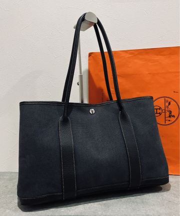 HERMES 極上美品 ガーデンパーティ 限定 デニム バッグ エルメス ブラック レザー トート バック 刻印あり