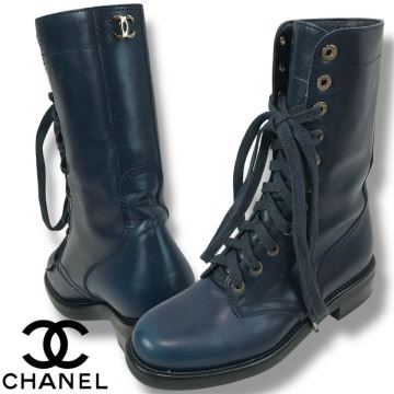 179☆正規品 CHANEL シャネル レースアップ ショートブーツ 36.5 エンジニアブーツ ネイビーブルー 裏地チェック柄 シューズ G29132 良品