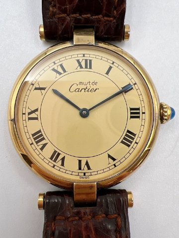 1円 Cartier カルティエ 590003 マストヴァンドム アイボリーダイヤル SV925 レザー クロコ クオーツ 019081 ヴィンテージ品 【AM031】