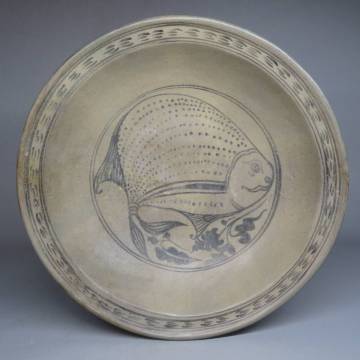 「都内コレクター所蔵品」タイ　スコータイ時代　カロン窯　鉄絵魚文大皿　宋胡録　タイ スワンカローク窯　安南 東南アジア古陶器22817