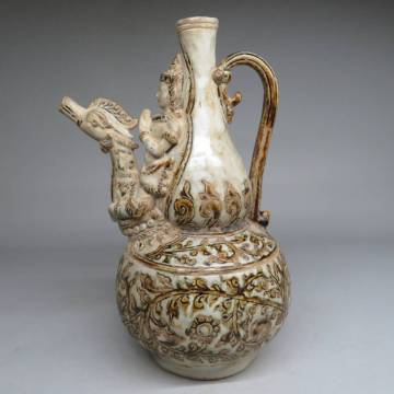 「都内コレクター所蔵品」タイ　スンコロク　宋胡録　白濁褐釉霊鳥合掌像水注　壷　タイ スワンカローク窯　東南アジア古陶器　lot:22812