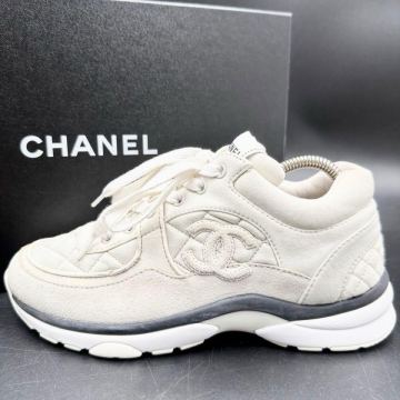 1円 【23年製美品】 CHANEL シャネル ココマーク マトラッセ レディース スエード ファブリック スニーカー 靴 シューズ ホワイト 23cm相当