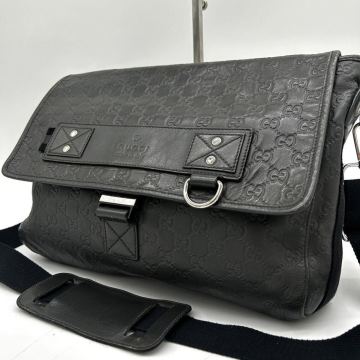 1円 ◆美品◆ GUCCI グッチ GGシマ ショルダーバッグ メッセンジャー A4 ビジネス レザー ダークグレー 斜め掛け メンズ レディース 大容量