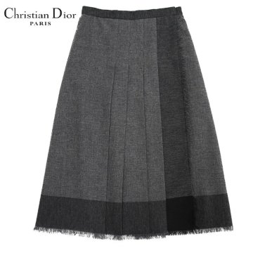 【1円/美品】クリスチャン ディオール Dior レディース ラップスカート 前ひだ 裾フリンジ ミモレ丈 041J40A1252 グレー 36/S ウール