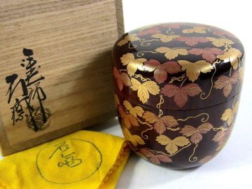 P170　塗師　辻石斎 造　蔦蒔絵棗　山中塗　共箱　共布　茶道具【説明欄に詳細写真有り】