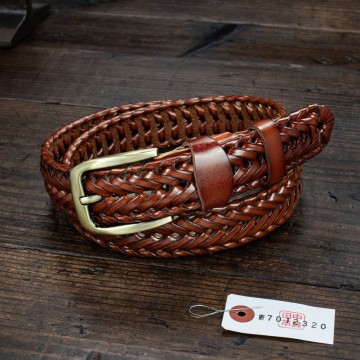 編み込み【牛革】イタリアンレザー シンプル メッシュ メンズ フリーサイズ 本革 ベルト 新品 未使用 送料無料 1円 茶 ブラウン 田中革具