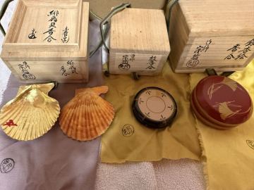 香合 3点セット 緋房貝香合・鼓香合・銀杏絵香合 茶道具 木箱付 宗匠書付