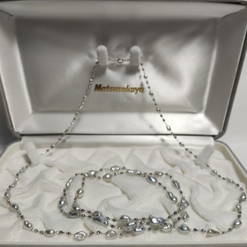 【至極の18金ネックレス】芥子 バロック ケシパール ステーション ネックレス 90cm K18WG 刻印 11.1g 本真珠 pearl jewelry necklace