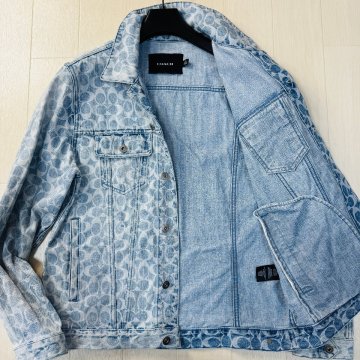 美品/L-XL相当★コーチ COACH シグネチャー総柄 デニムジャケット Gジャン アウター ブルゾン 牛革 レザーラベル メンズ 青 ブルー