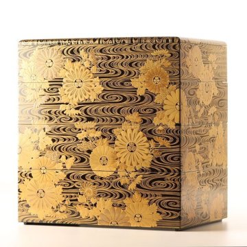 【流】江戸時代 本金流水菊花蒔絵 四段長方箱 箱付 DK677