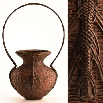 【流】時代唐物 細密竹編細工 手付花籠 高49cm DK476