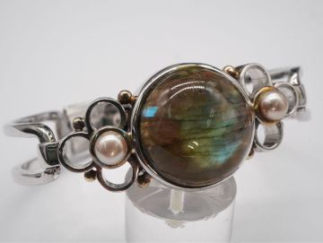 【185】ブランド刻印？ 刻印解読不可 本真珠 パール ラブラドライト SILVER シルバー 925 バングル 約34g アクセサリー TIA