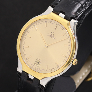 1円 稼働 良品 オメガ デビル シンボル QZ ゴールド文字盤 メンズ腕時計 1565100 2JWY KMT