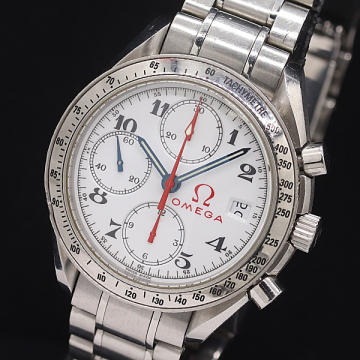 1円 保/箱付 稼働 オメガ スピードマスター クロノグラフ 3515 20 AT/自動巻 3.7OH済 ホワイト文字盤 メンズ腕時計 8837620 2BGT MST
