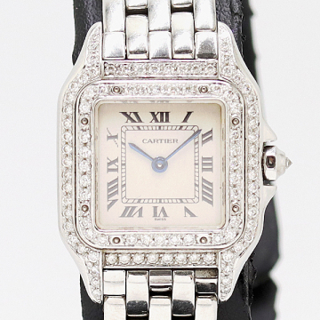 1円 新品同様 稼働 カルティエ パンテールSM W25033P5 QZ ホワイト文字盤 レディース アフターダイヤ 腕時計 0055330 1DKT MTY 18196